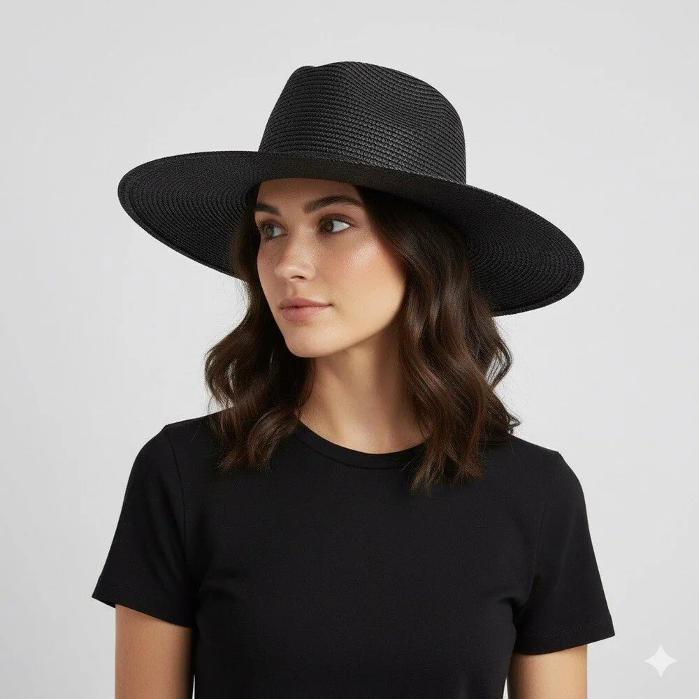 Vintage Black Straw Large Brimmed Hat w/ Pinched Crown - Picture 1 of 8